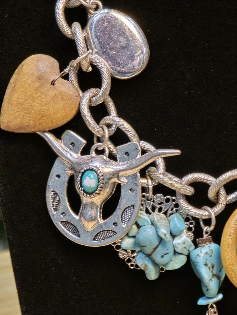 Boho Turquoise Charm Statement Necklace - Gold Tone - Picture 4 of 7